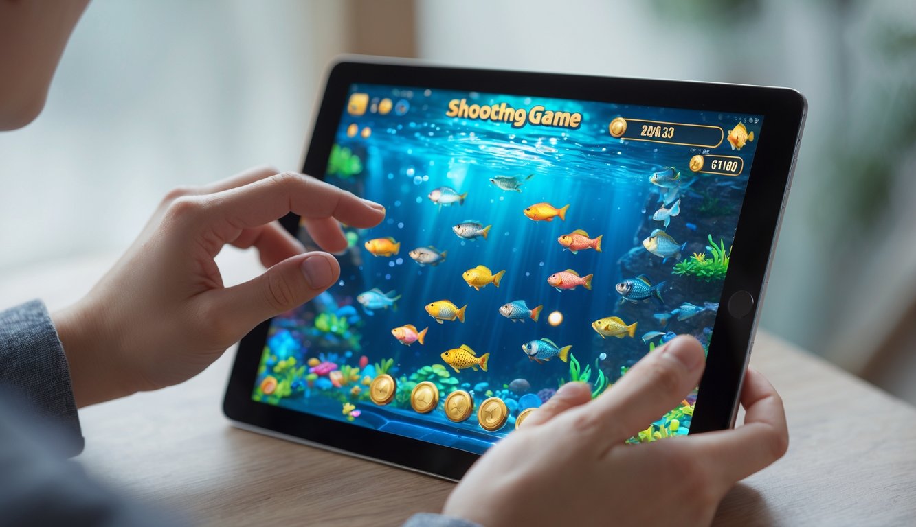 Seseorang sedang bermain permainan judi tembak ikan di tablet dengan latar dalam ruangan yang tenang.