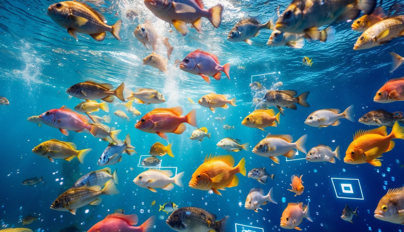 Pemandangan bawah laut yang penuh warna dengan berbagai ikan berenang secara energik, menggambarkan suasana yang hidup dan melimpah.