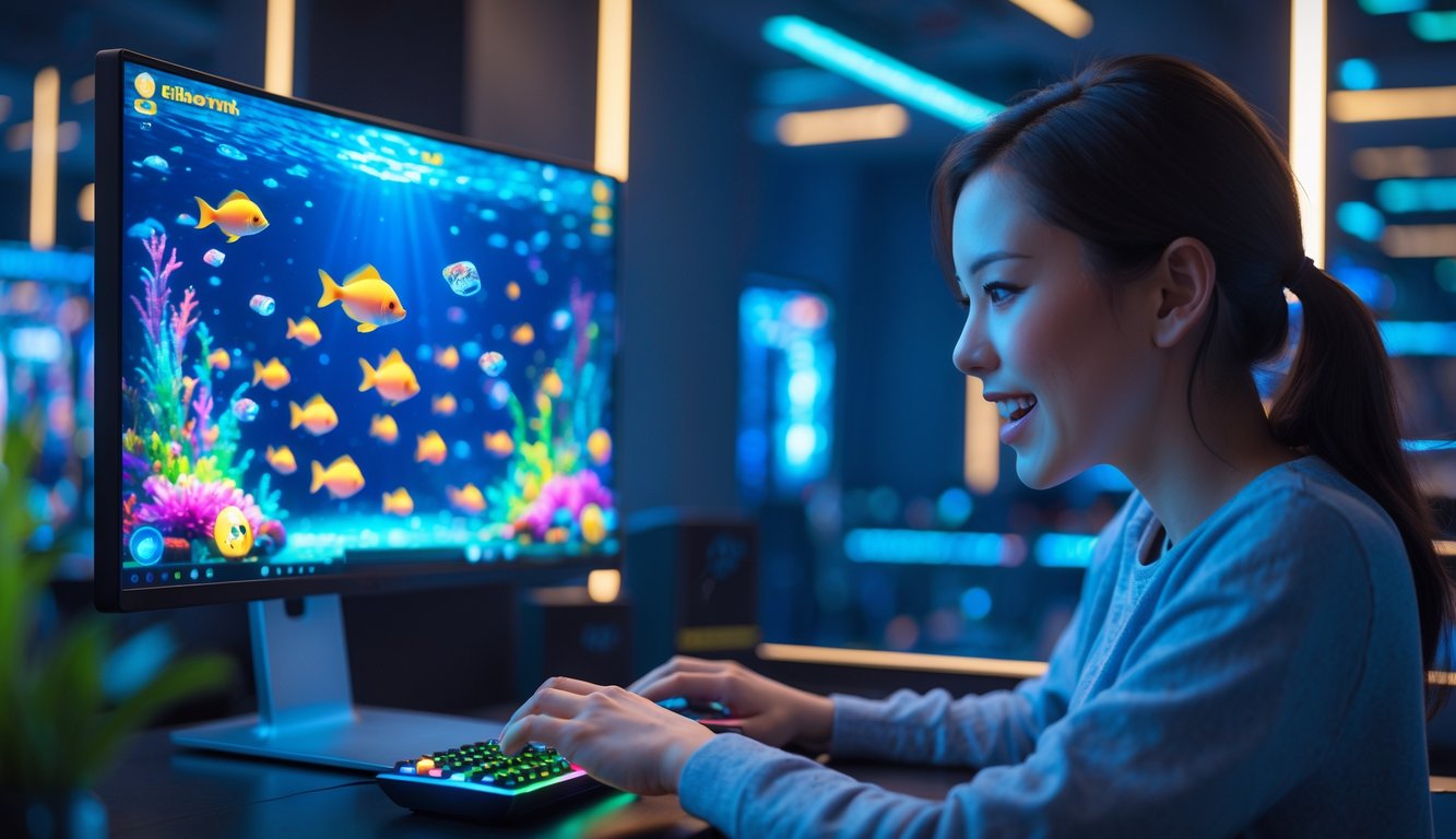 Seseorang sedang bermain permainan judi tembak ikan dengan grafik ikan berwarna-warni di layar komputer.