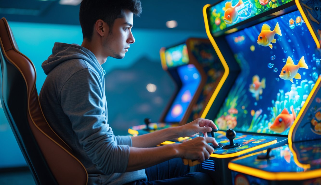 Seseorang sedang fokus bermain mesin judi tembak ikan dengan layar penuh warna dan grafik ikan di dalamnya.