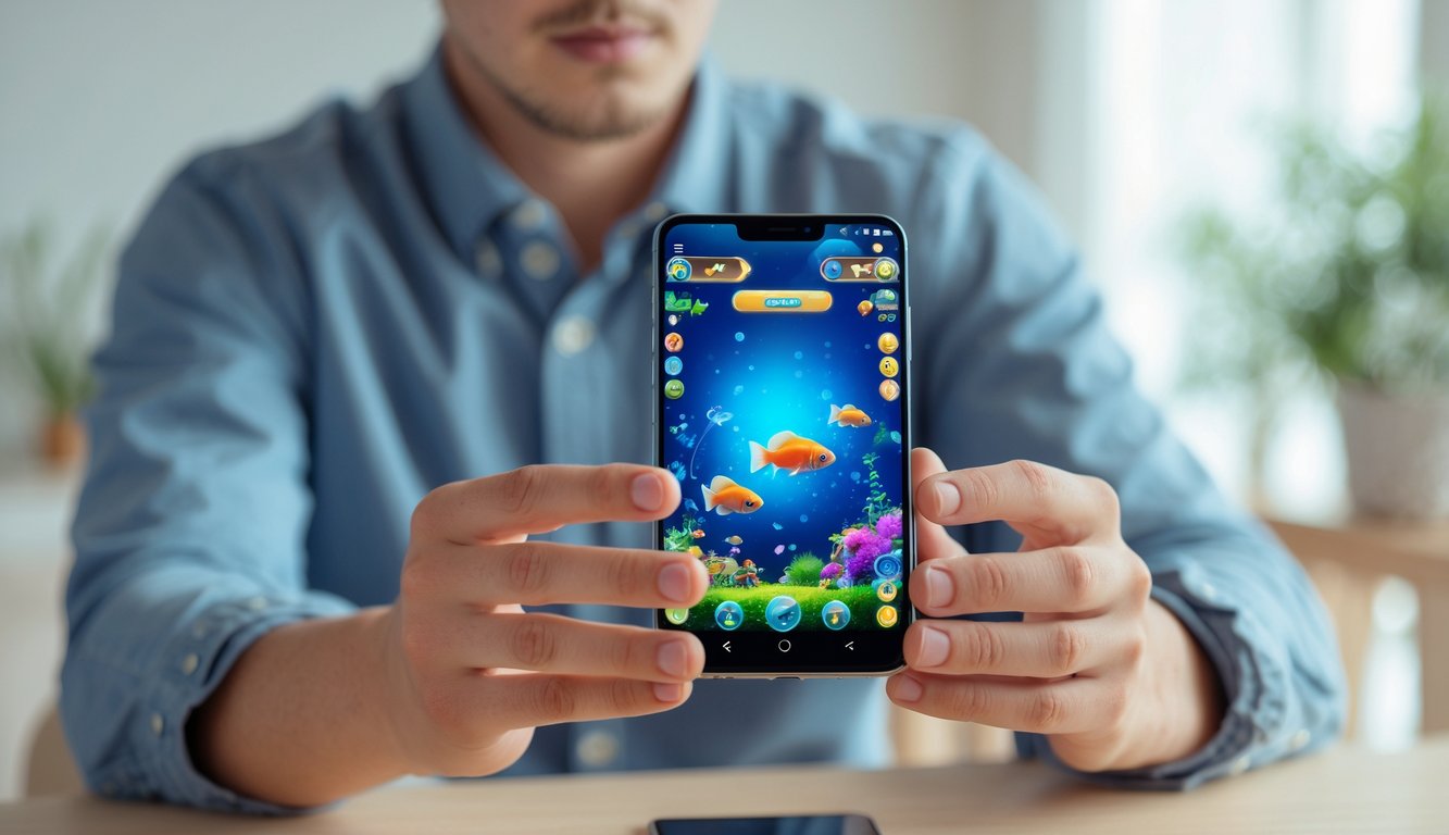 Seseorang sedang memainkan game tembak ikan di ponsel Android tanpa menggunakan bot.