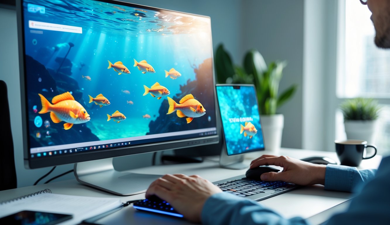 Meja kerja modern dengan komputer yang menampilkan permainan tembak ikan, tangan seseorang sedang menggunakan mouse dan keyboard.