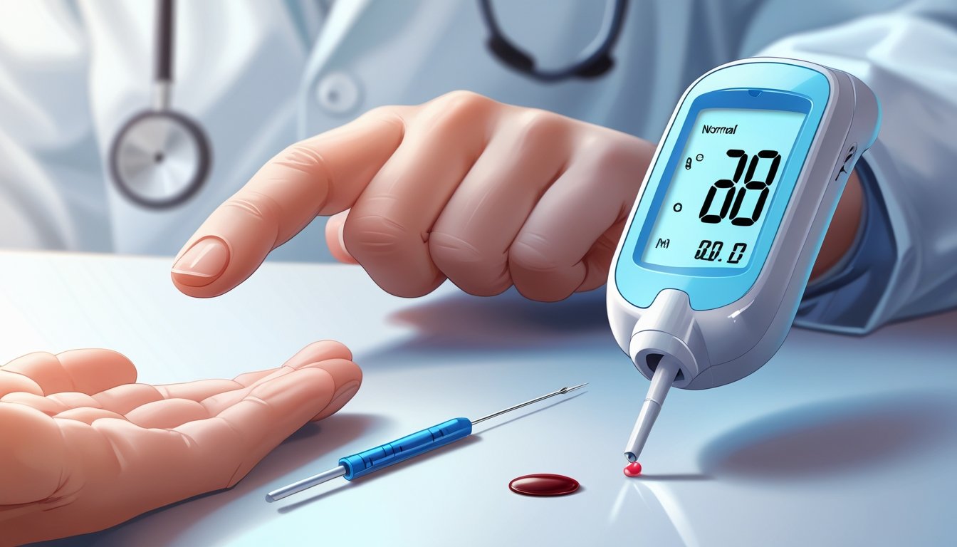 Ręka z kroplą krwi na palcu obok glukometru i lancetu do nakłuwania palca.