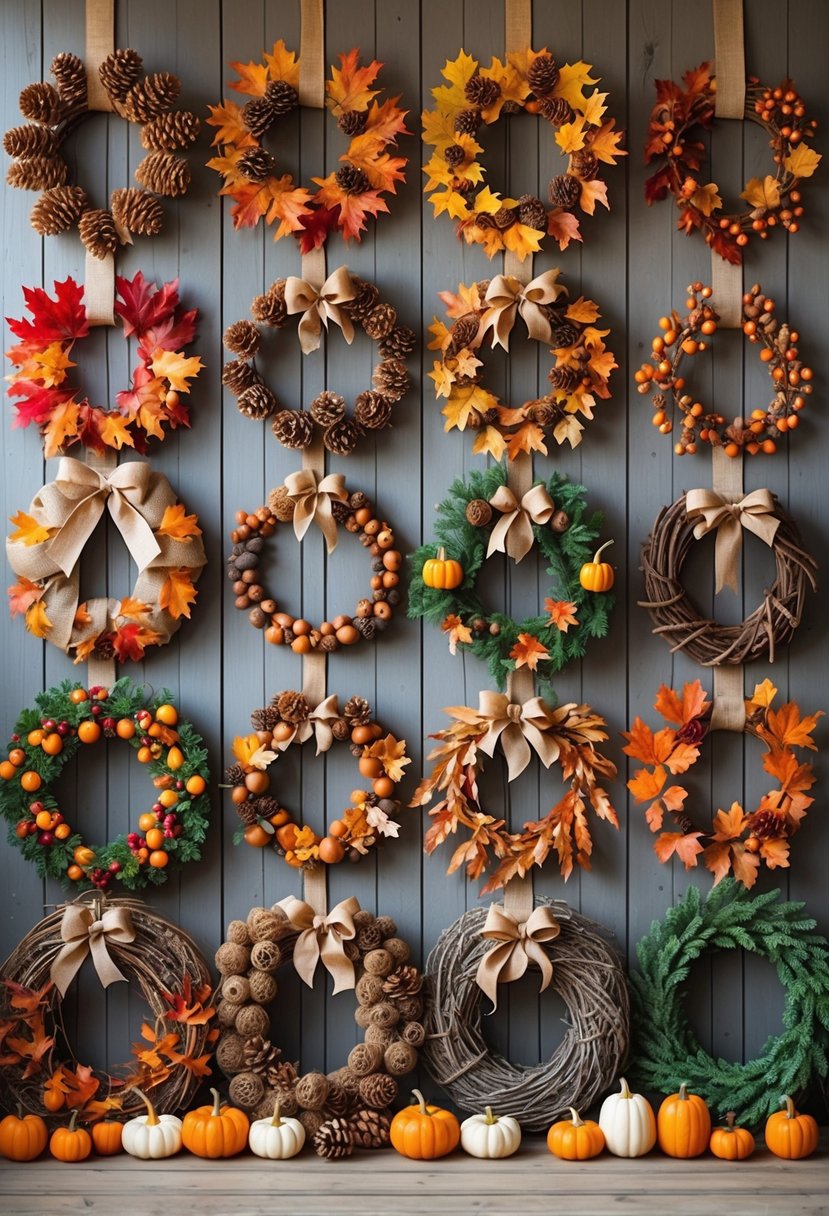 Seventeen different fall wreaths decorated with autumn leaves, pine cones, berries, and small pumpkins displayed on a wooden door.