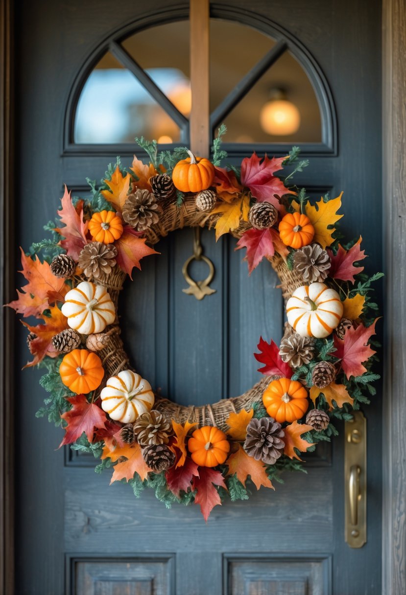 A wooden front door decorated with a circular fall wreath made of small pumpkins, autumn leaves, pine cones, and greenery.