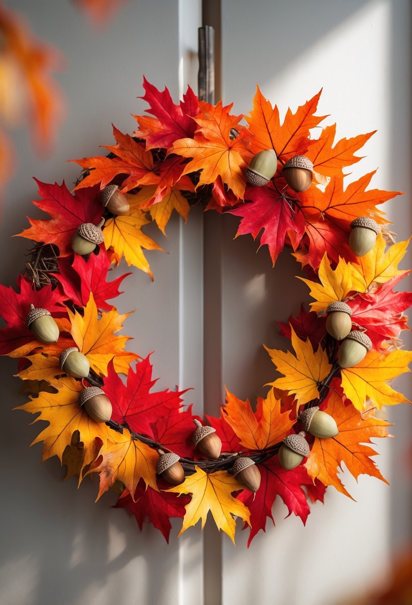 A circular wreath made of colorful maple leaves and acorns on a plain background.