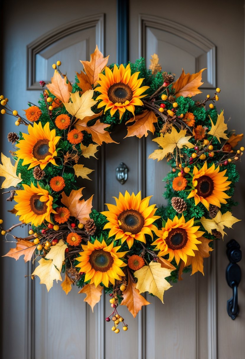 A colorful sunflower wreath with orange and yellow flowers hanging on a wooden front door surrounded by fall leaves.