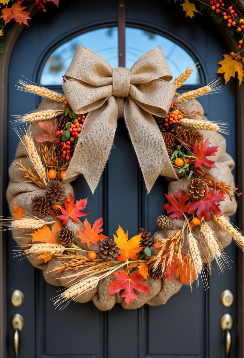 A fall harvest wreath with a large burlap bow, decorated with autumn leaves, wheat stalks, pinecones, and berries hanging on a front door.