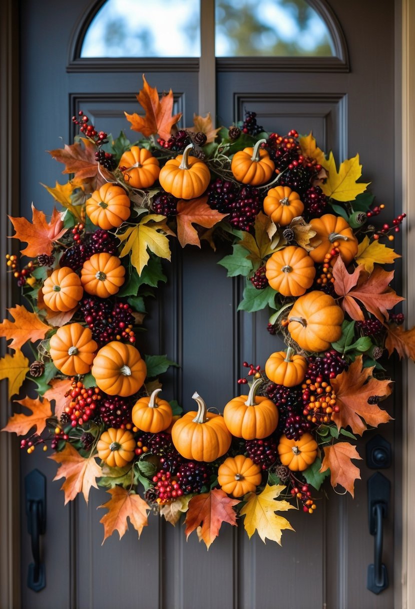 A fall wreath decorated with mini pumpkins, red and dark berries, and autumn leaves.