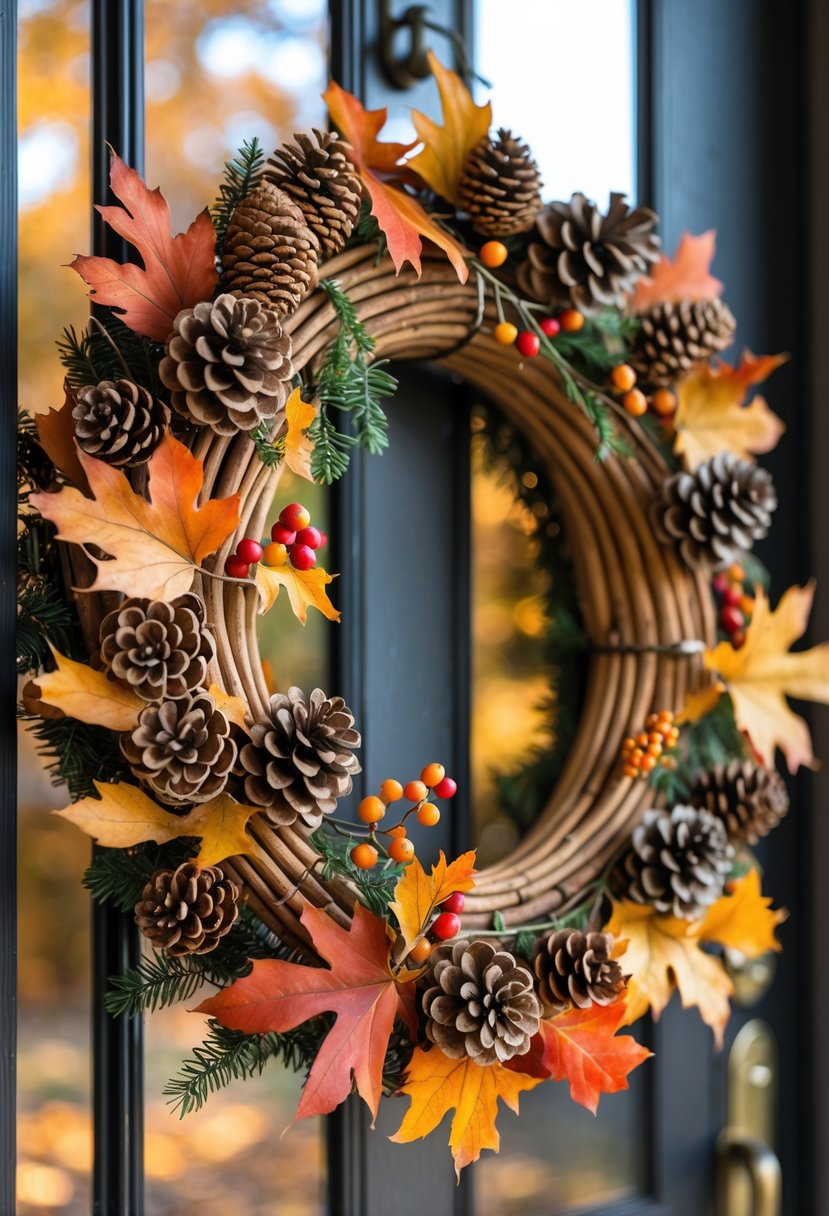 A fall wreath made of cinnamon sticks, pinecones, and autumn leaves hanging on a door.