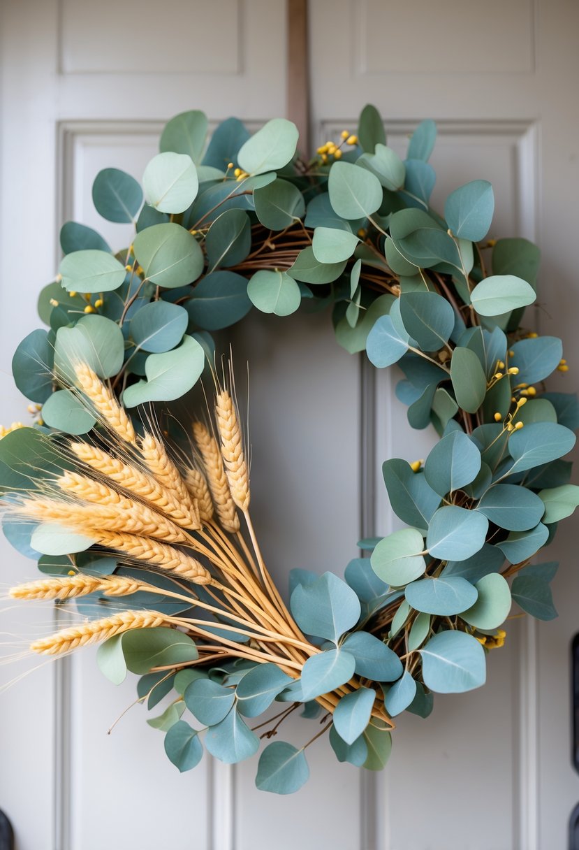 A fall wreath made of eucalyptus leaves and wheat stalks arranged in a circle.