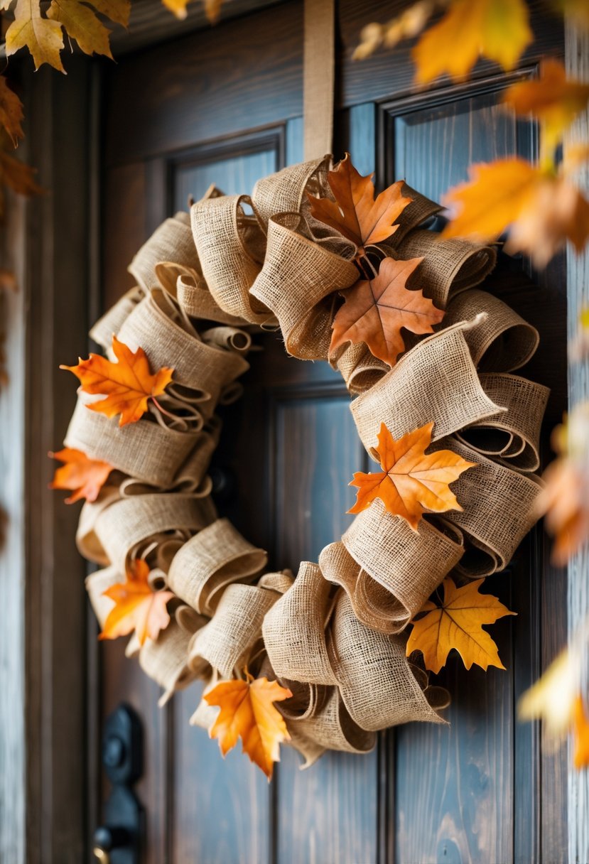A fall wreath made of burlap and burlap leaves hanging on a wooden front door.