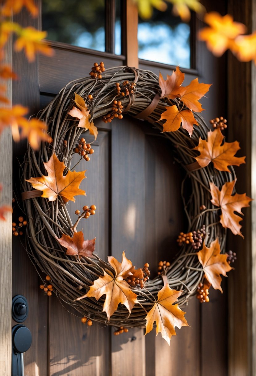 A grapevine wreath with orange and brown leaves hanging on a wooden front door.