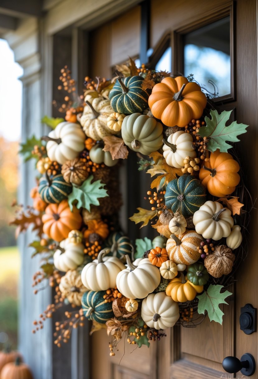 A fall wreath made of faux pumpkins, gourds, and autumn leaves hanging on a wooden front door.