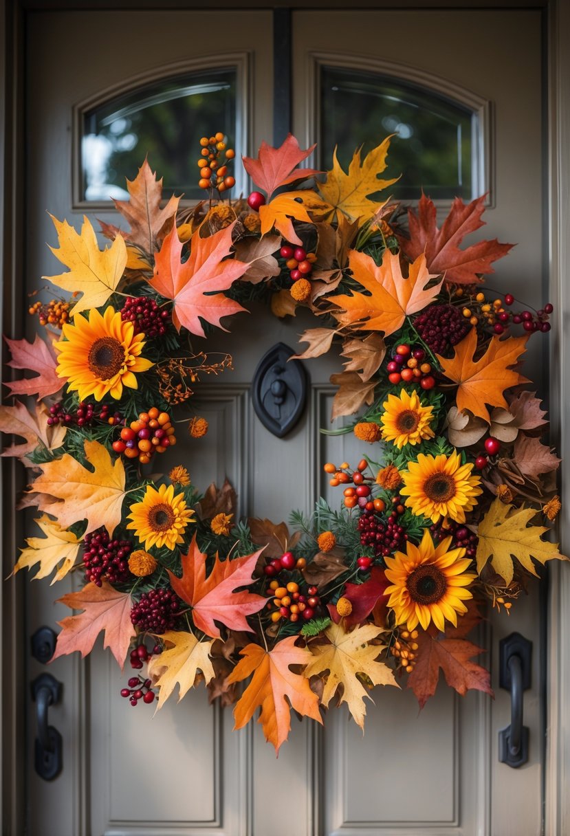 A colorful autumn wreath made of mixed fall leaves, flowers, and berries hanging on a wooden front door.