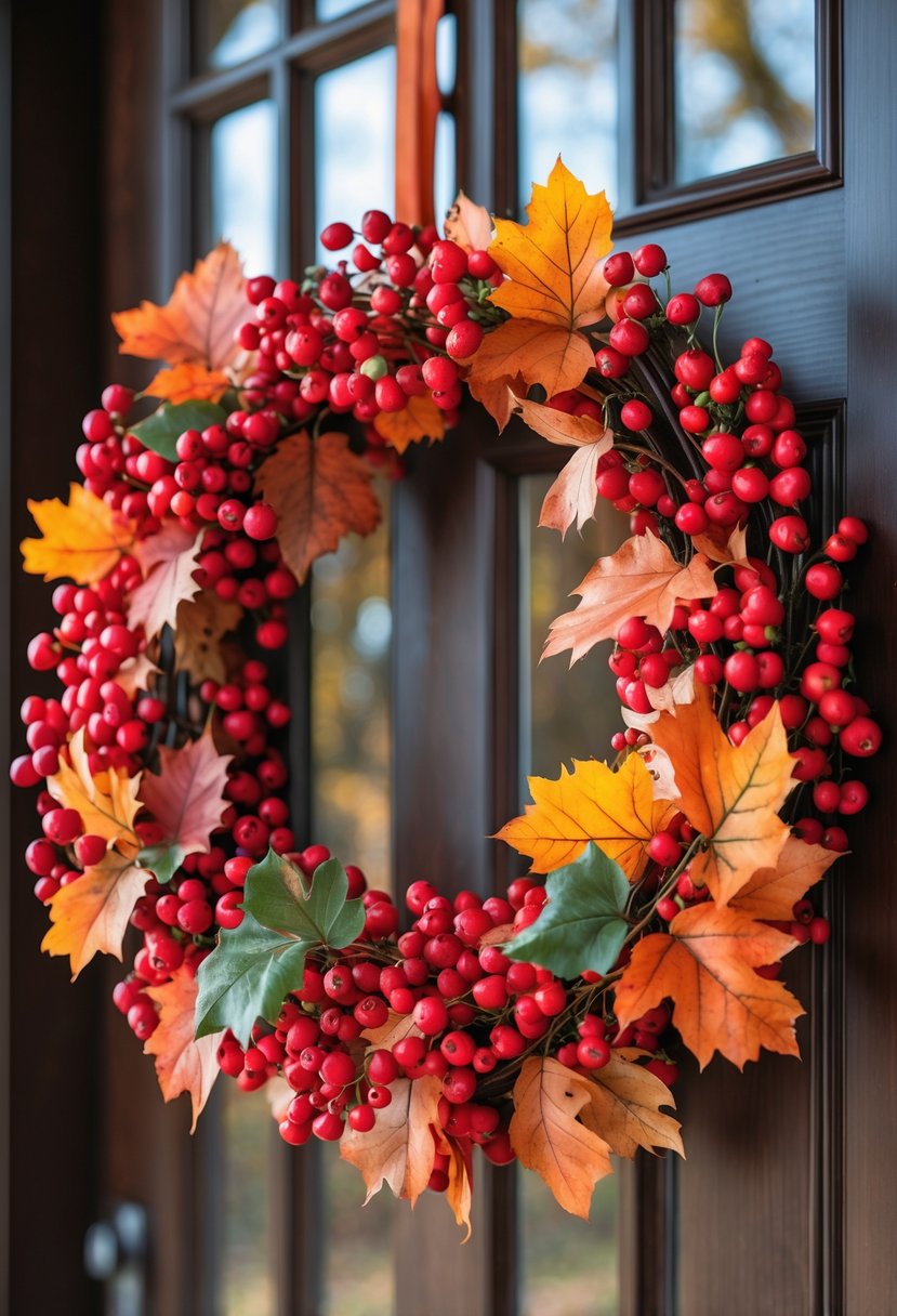 A bright red berry and leaf wreath with autumn leaves hanging on a front door.