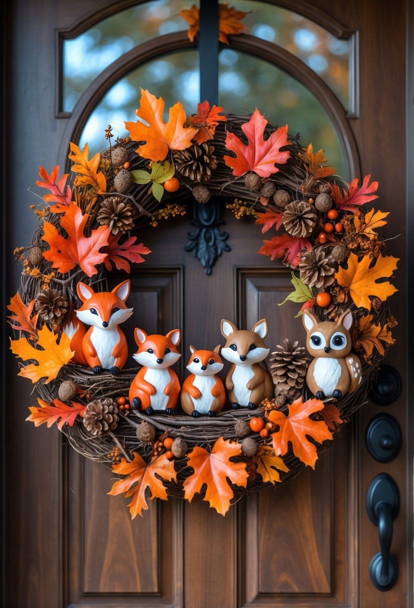 A fall-themed wreath decorated with woodland animal figurines and autumn leaves hanging on a wooden front door.
