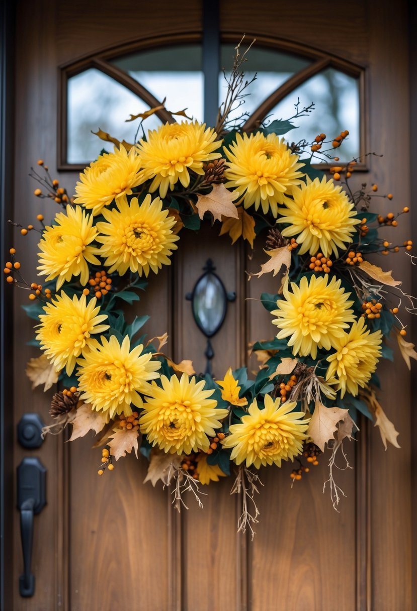 A golden yellow chrysanthemum wreath decorated with autumn leaves and berries hanging on a wooden front door.