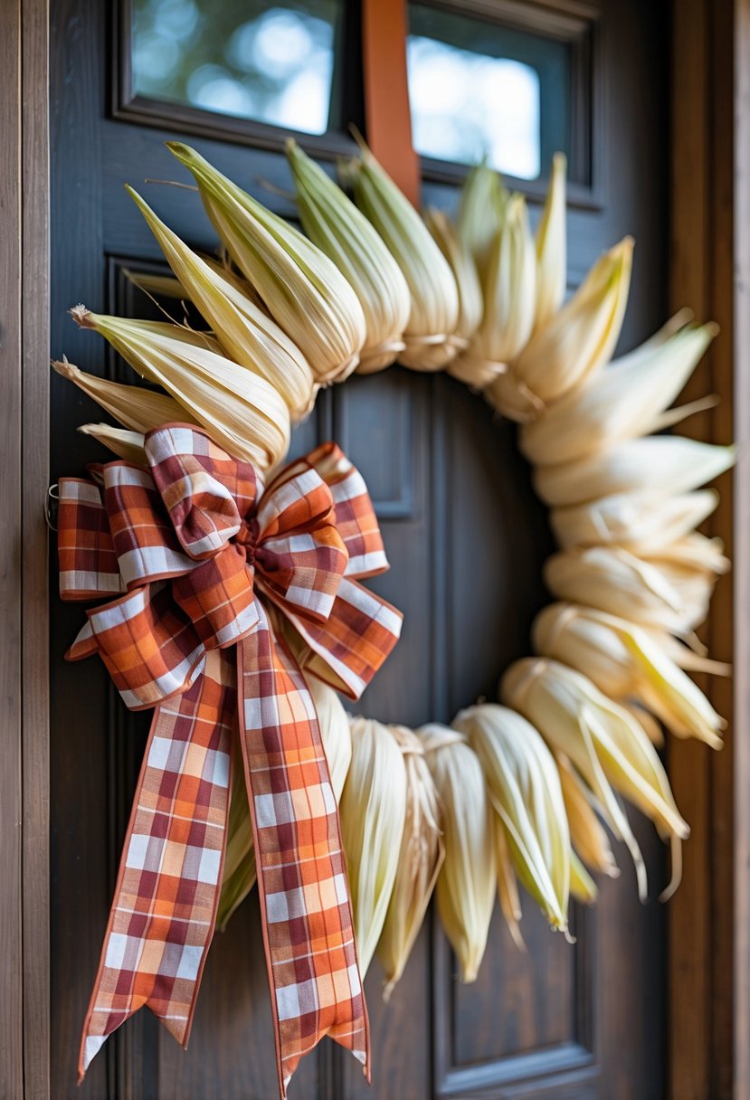 A fall wreath made of corn husks and a plaid ribbon hanging on a wooden door.