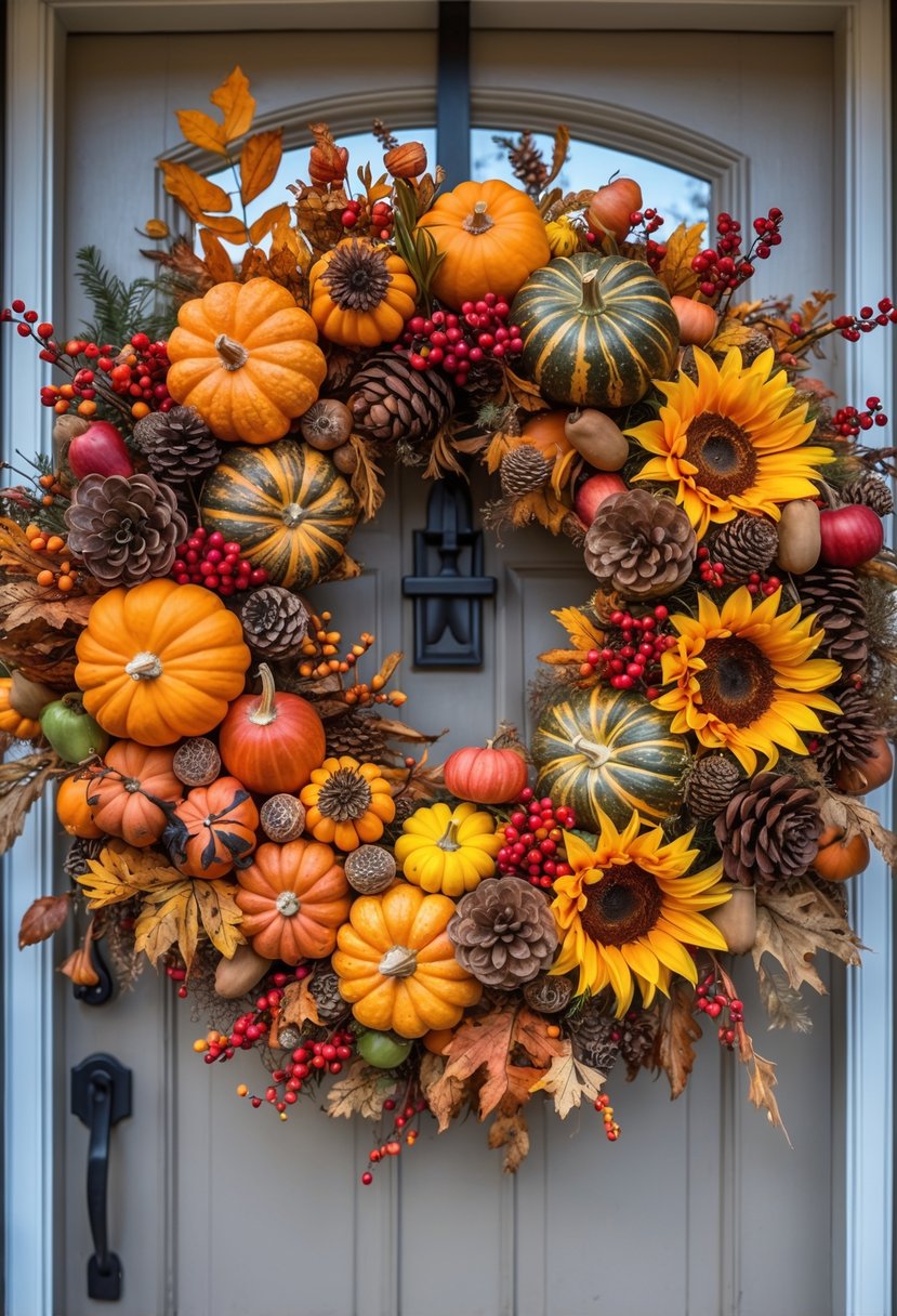 A large autumn wreath made of seasonal fruits, flowers, leaves, and pinecones hanging on a front door.