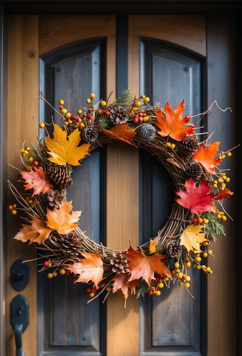 A rustic fall wreath with dried leaves, pine cones, and berries hanging on a wooden front door.
