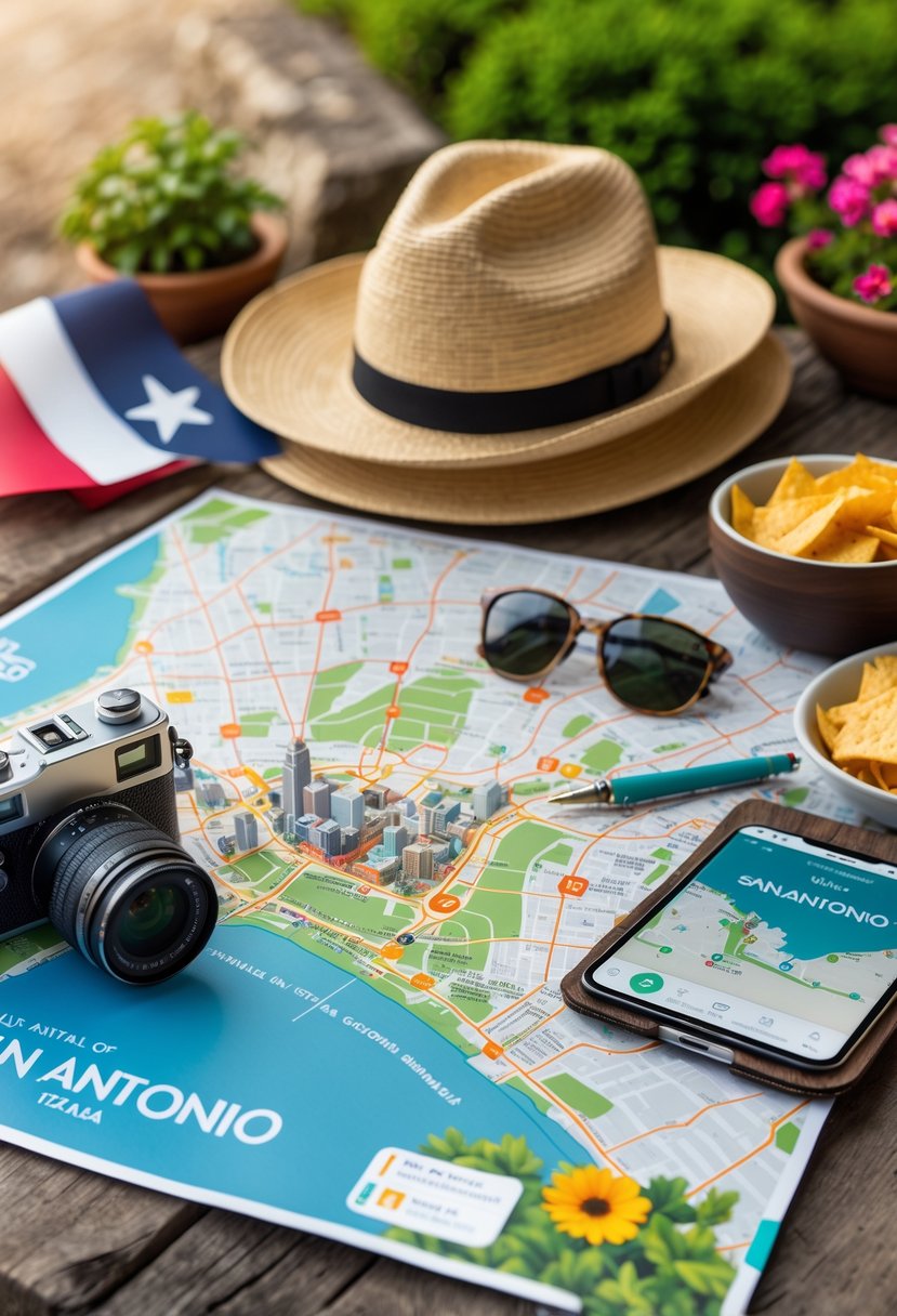 A flat lay of travel items on a wooden surface including a map of San Antonio, a camera, sunglasses, a sunhat, a travel journal, a smartphone, and Tex-Mex snacks, with a blurred view of the San Antonio Riverwalk in the background.