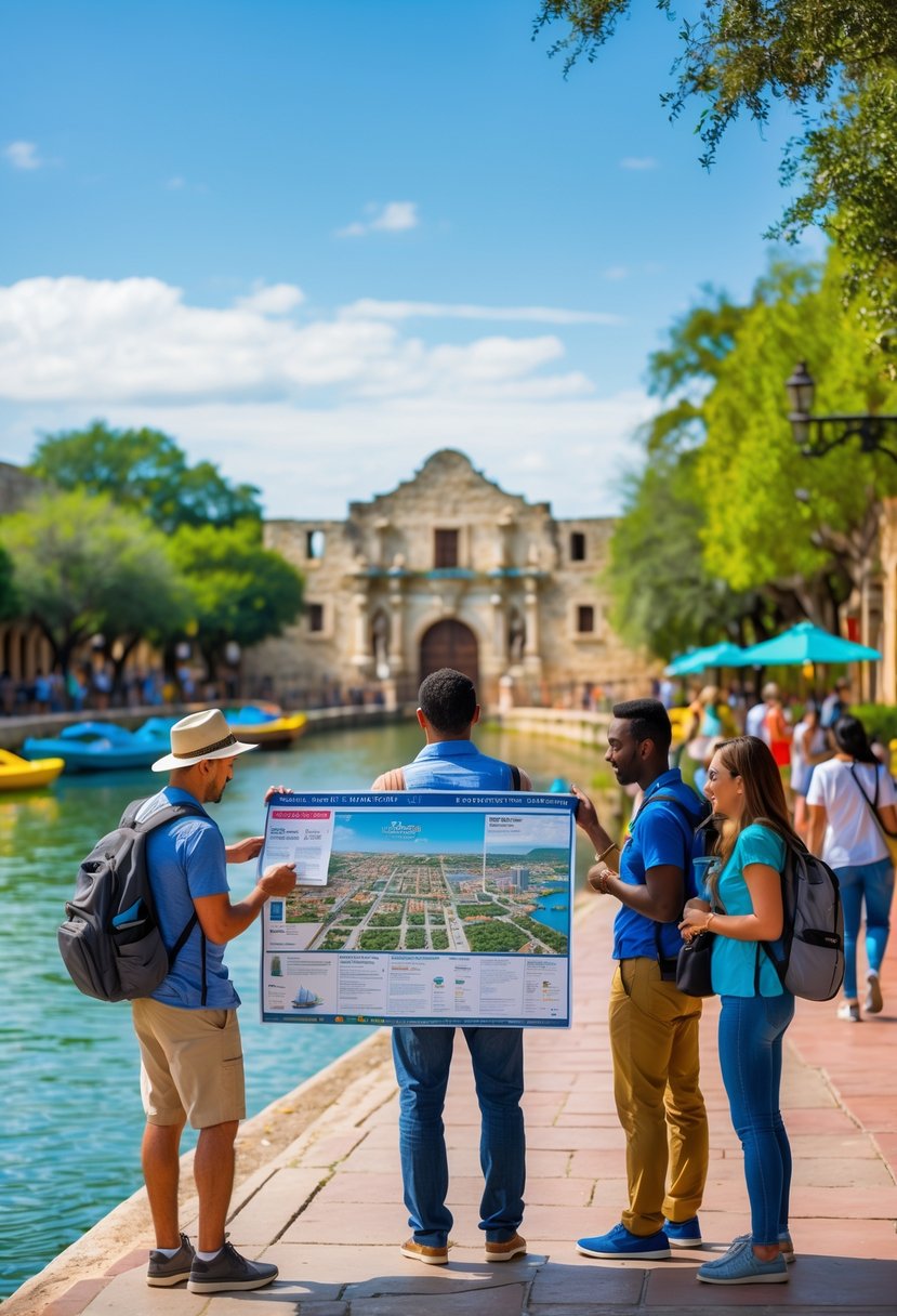 Travelers looking at a map near the San Antonio River Walk with the Alamo visible in the background on a sunny day.