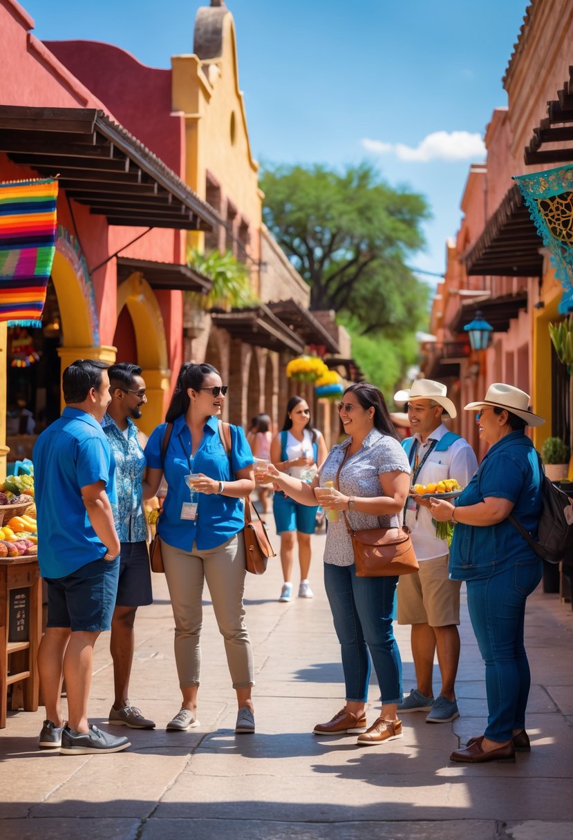 A group of travelers interacting with local vendors along the San Antonio River Walk, surrounded by colorful buildings and greenery.