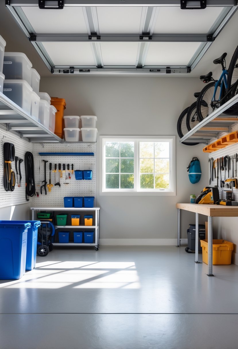A clean and well-organized garage with shelves, pegboard tools, overhead storage, and a tidy workbench.