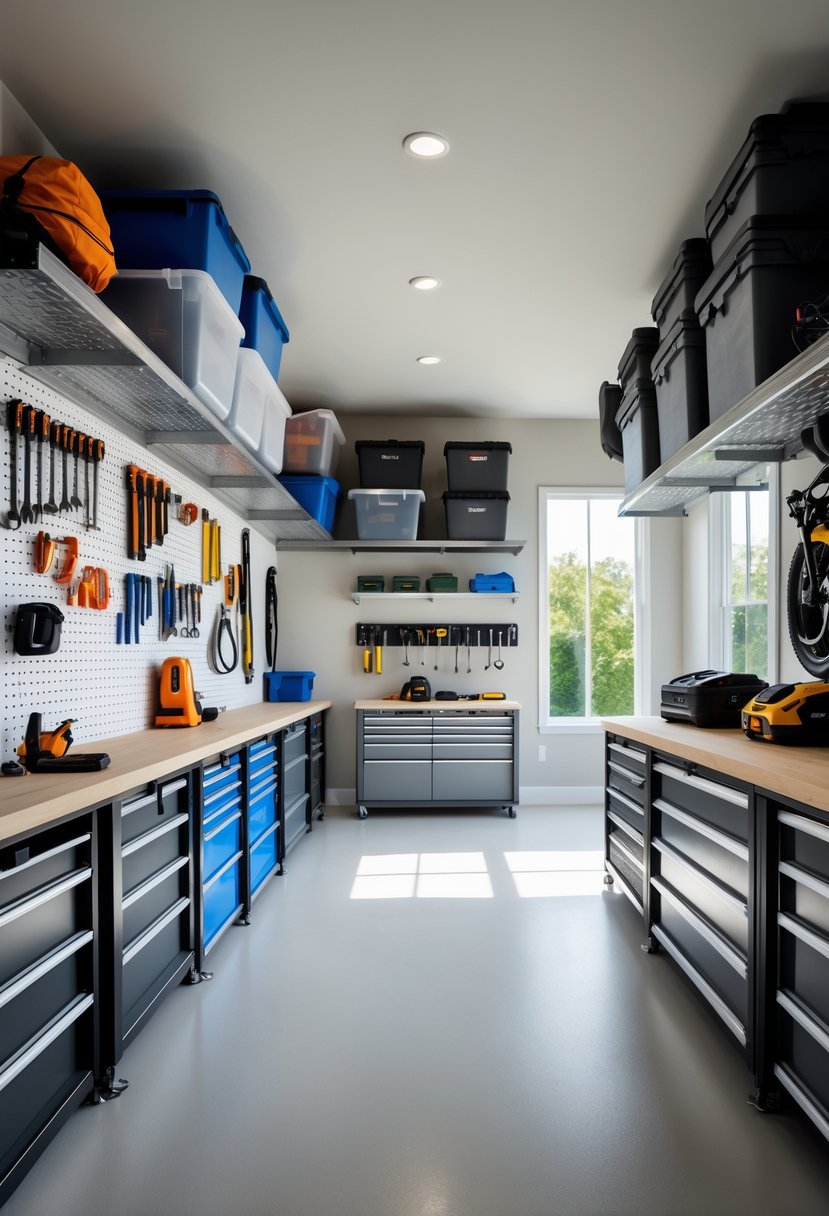 A clean and organized garage with tools on pegboards, labeled storage bins on shelves, overhead racks with bicycles, and a tidy workbench.
