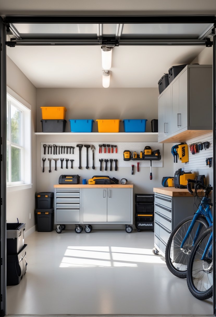 A clean and organized garage with shelves, pegboards holding tools, cabinets, overhead racks, and bicycles hung on the wall.