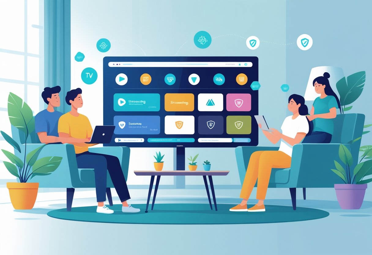 People watching streaming content on a TV and devices in a cozy living room with icons representing secure internet connections.