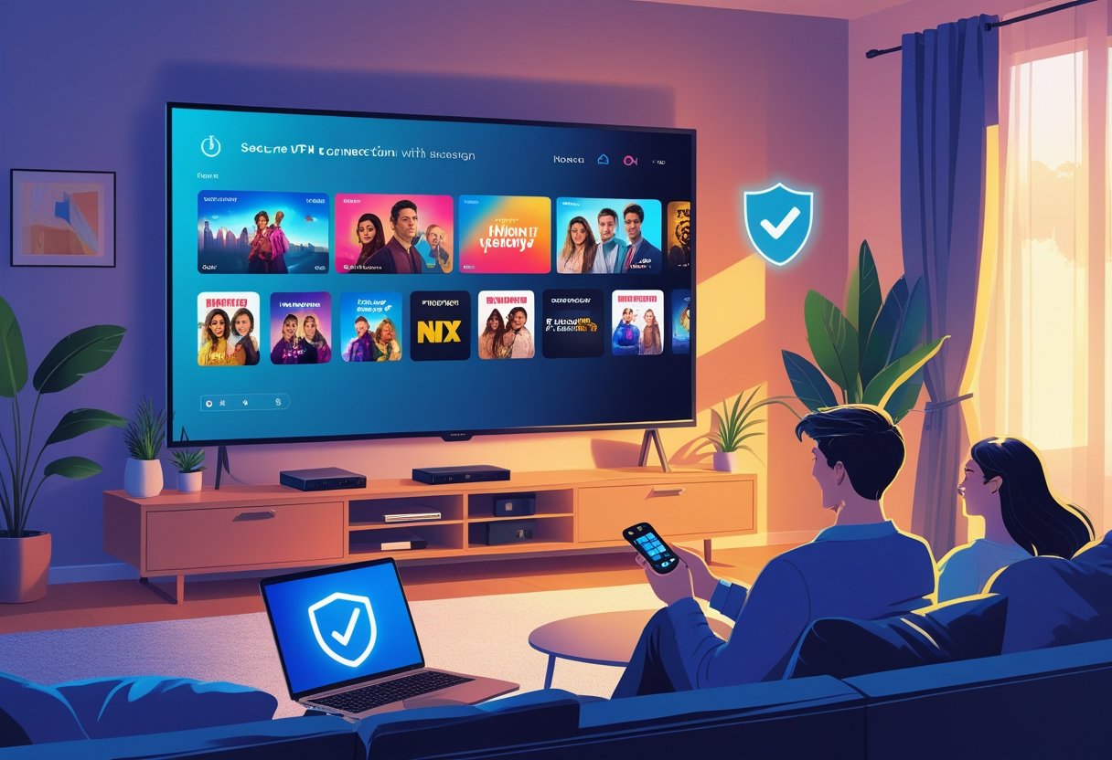 A person sitting on a sofa in a modern living room watching a large TV with streaming content while a laptop nearby shows a secure connection symbol.