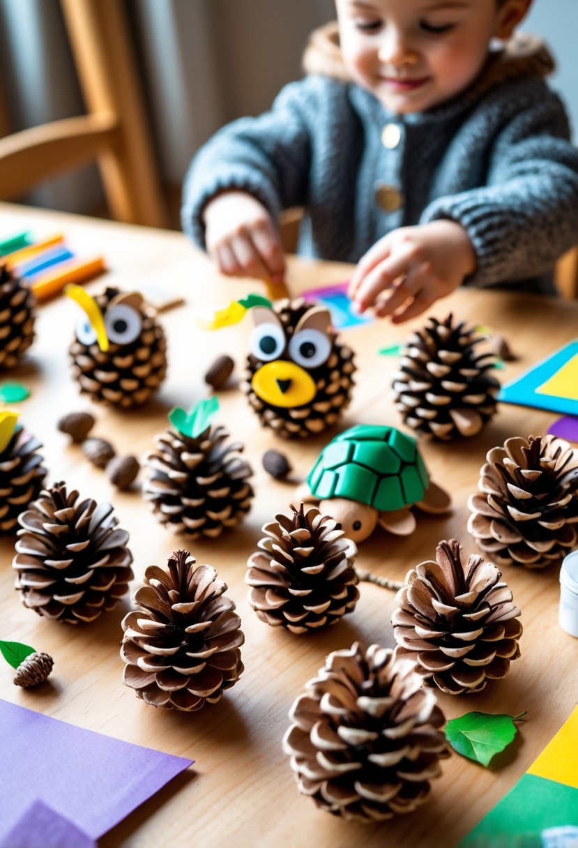 A toddler making colorful pinecone animal crafts on a wooden table surrounded by craft supplies.