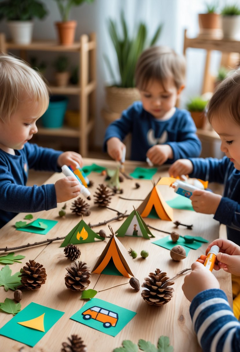 Toddlers making camping-themed nature crafts with leaves, pinecones, and paper shapes on a wooden table indoors.