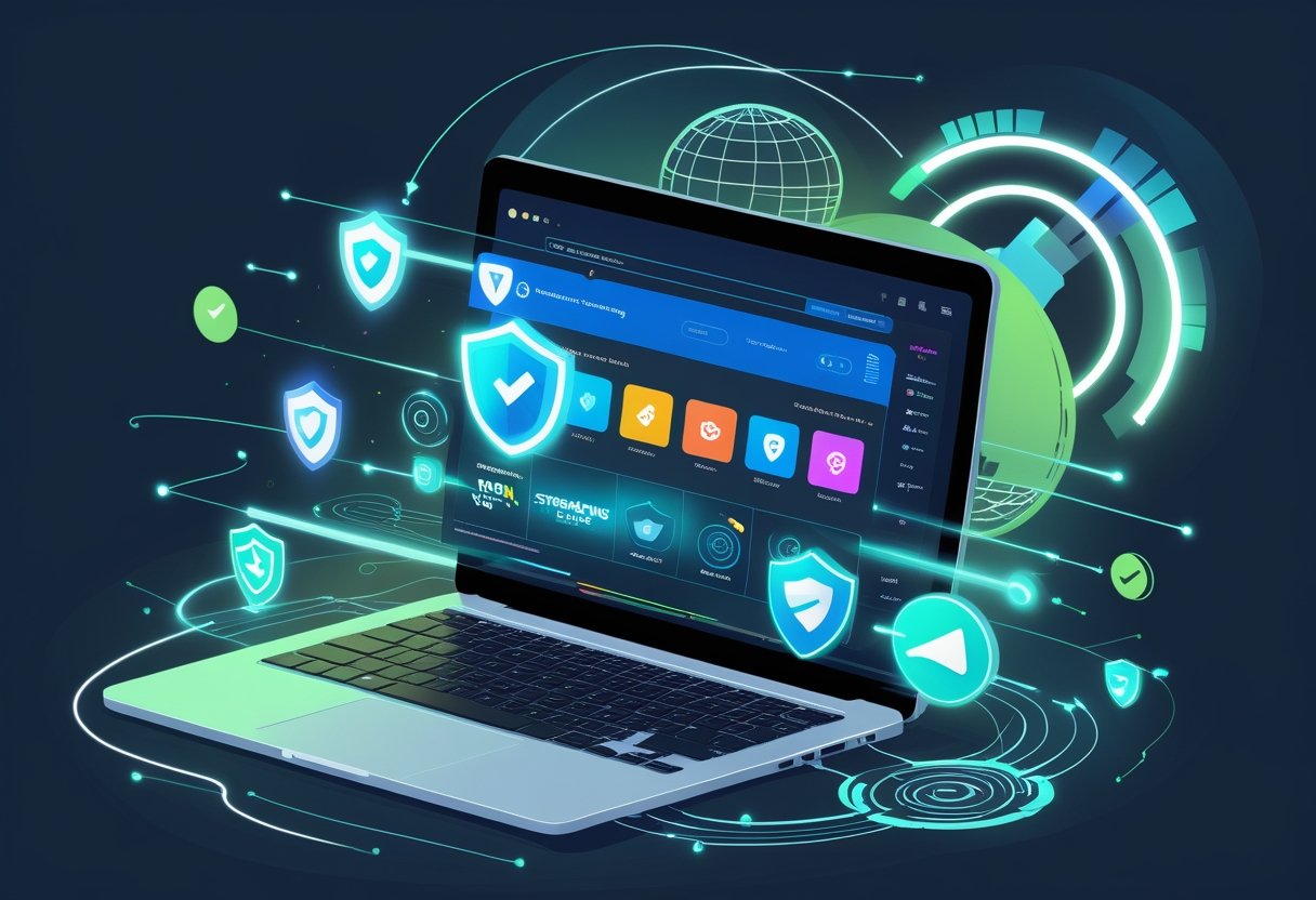 A laptop displaying a streaming interface surrounded by icons and symbols representing VPN security features and global network connections.