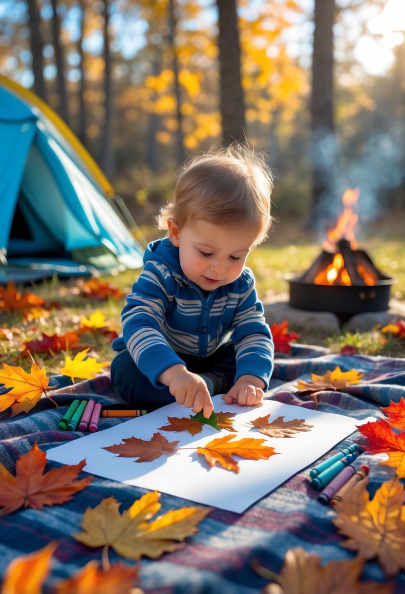A toddler sitting outdoors on a picnic blanket making leaf rubbings with crayons and paper surrounded by autumn leaves and camping gear.