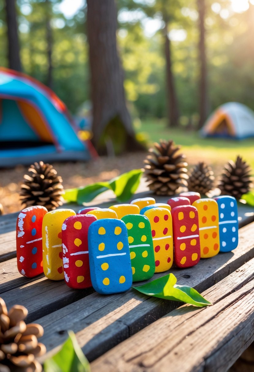 Painted rock dominoes arranged on a wooden table outdoors surrounded by natural camping elements like pine cones and leaves.