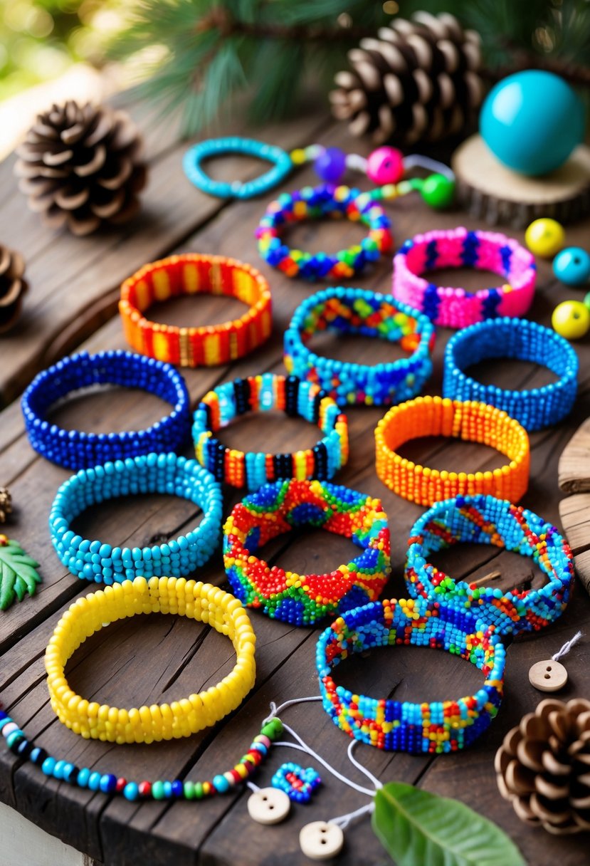 Colorful friendship bracelets made with beads displayed on a wooden table surrounded by craft materials and natural camping items.