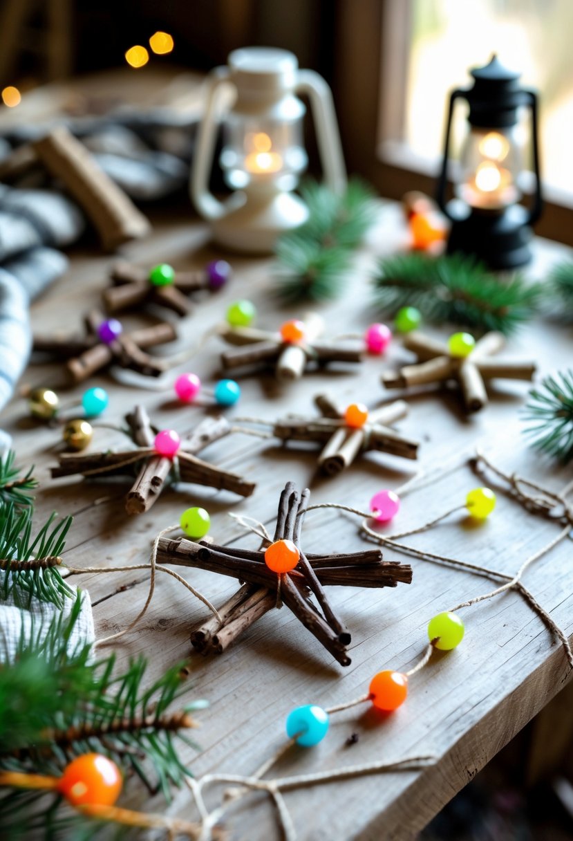 Handmade twig star ornaments and crafting materials arranged on a wooden table with camping items nearby.