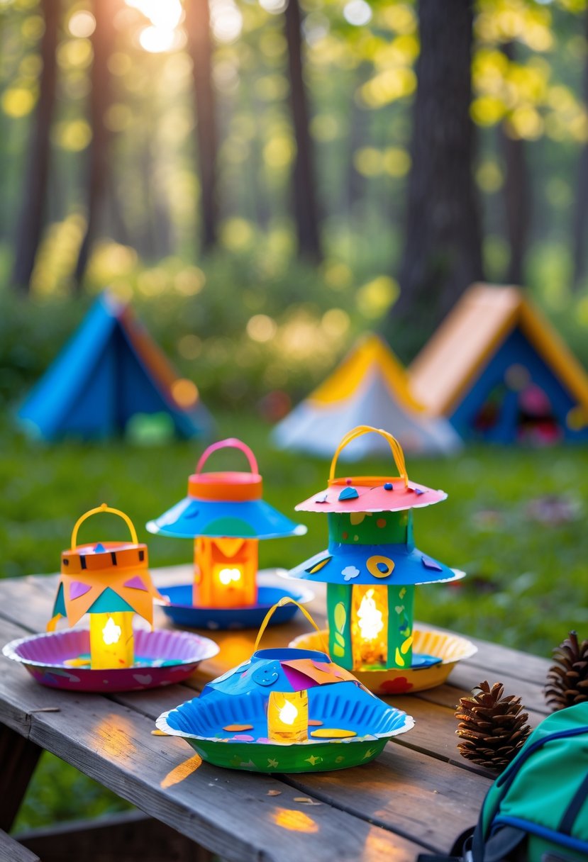 Colorful paper plate lantern crafts displayed on a picnic table outdoors with a forest background.