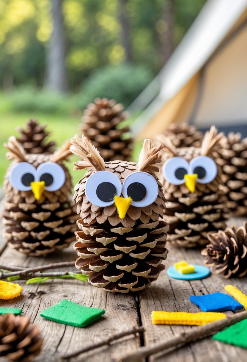 Several pinecone owls with large googly eyes displayed on a wooden table with craft supplies and a blurred outdoor camping background.