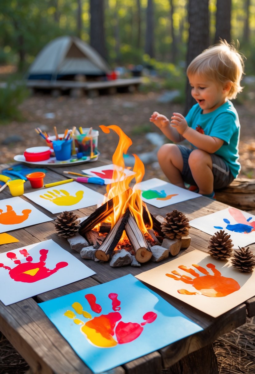 A toddler creating colorful handprint art resembling a campfire on a wooden table outdoors with craft supplies and a forest background.