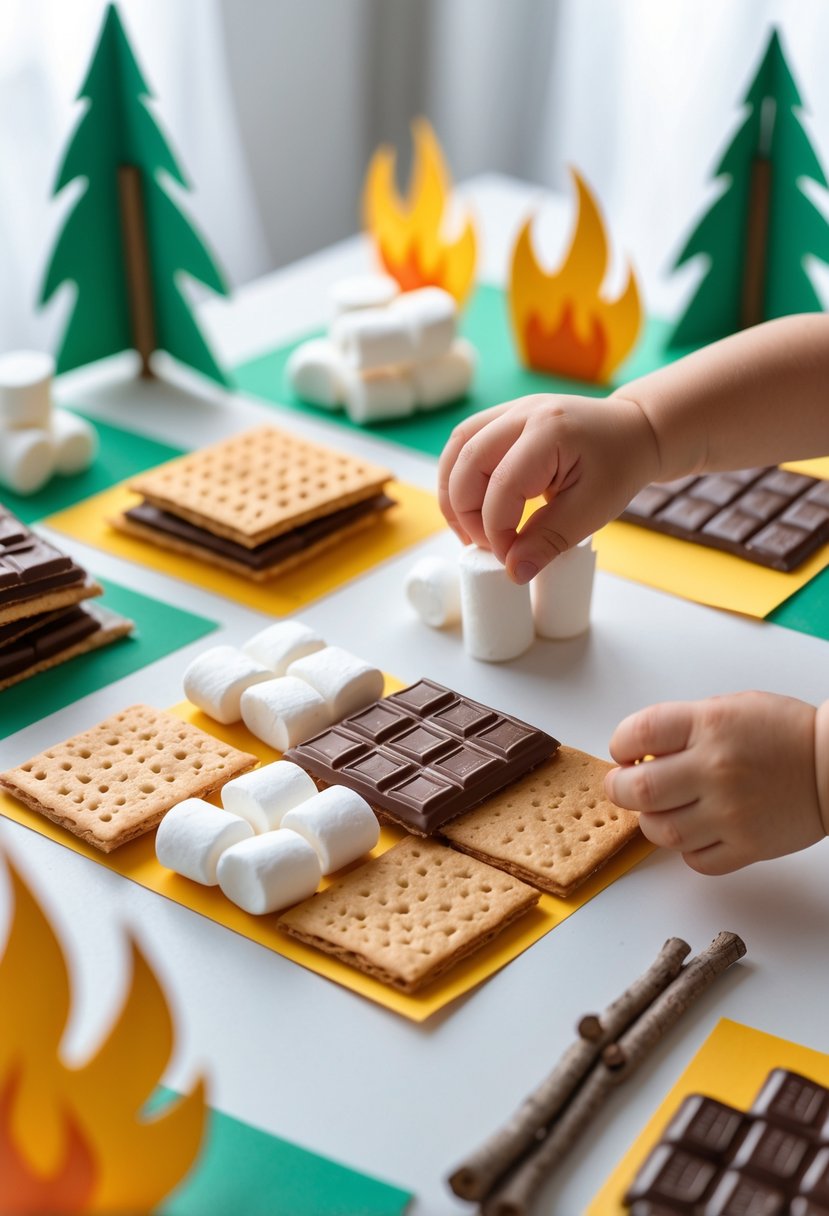 Toddler assembling paper s’mores craft pieces on a table surrounded by camping-themed paper crafts.