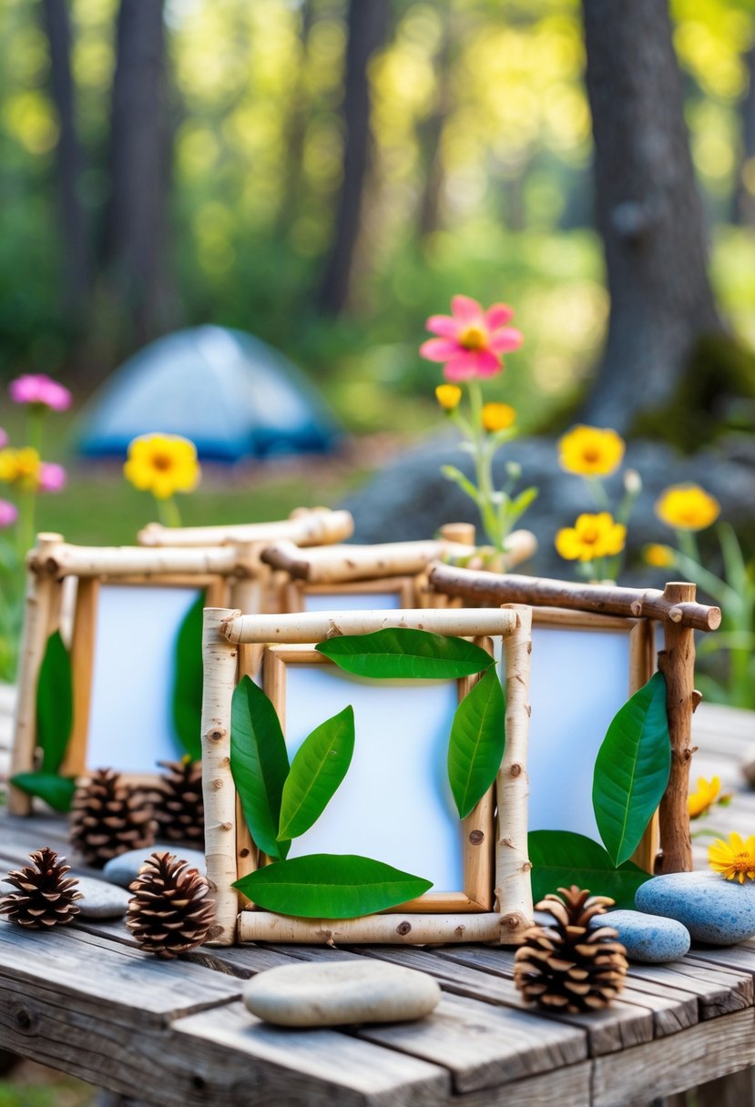 Several picture frames made from sticks and leaves arranged on a wooden table outdoors with camping-related natural items around them.