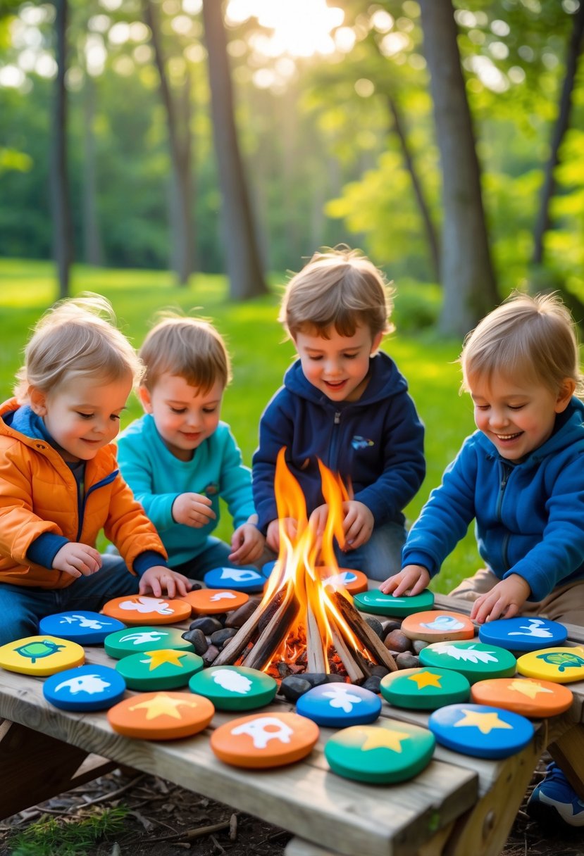 Toddlers sitting around a picnic table outdoors, playing with colorful painted stones near a small campfire in a forest setting.