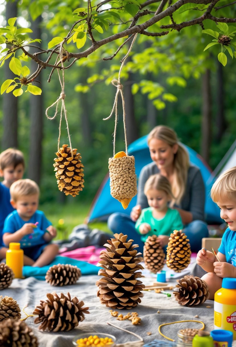 Children and adults outdoors hanging pinecone bird feeders covered in birdseed from tree branches during a camping craft activity.