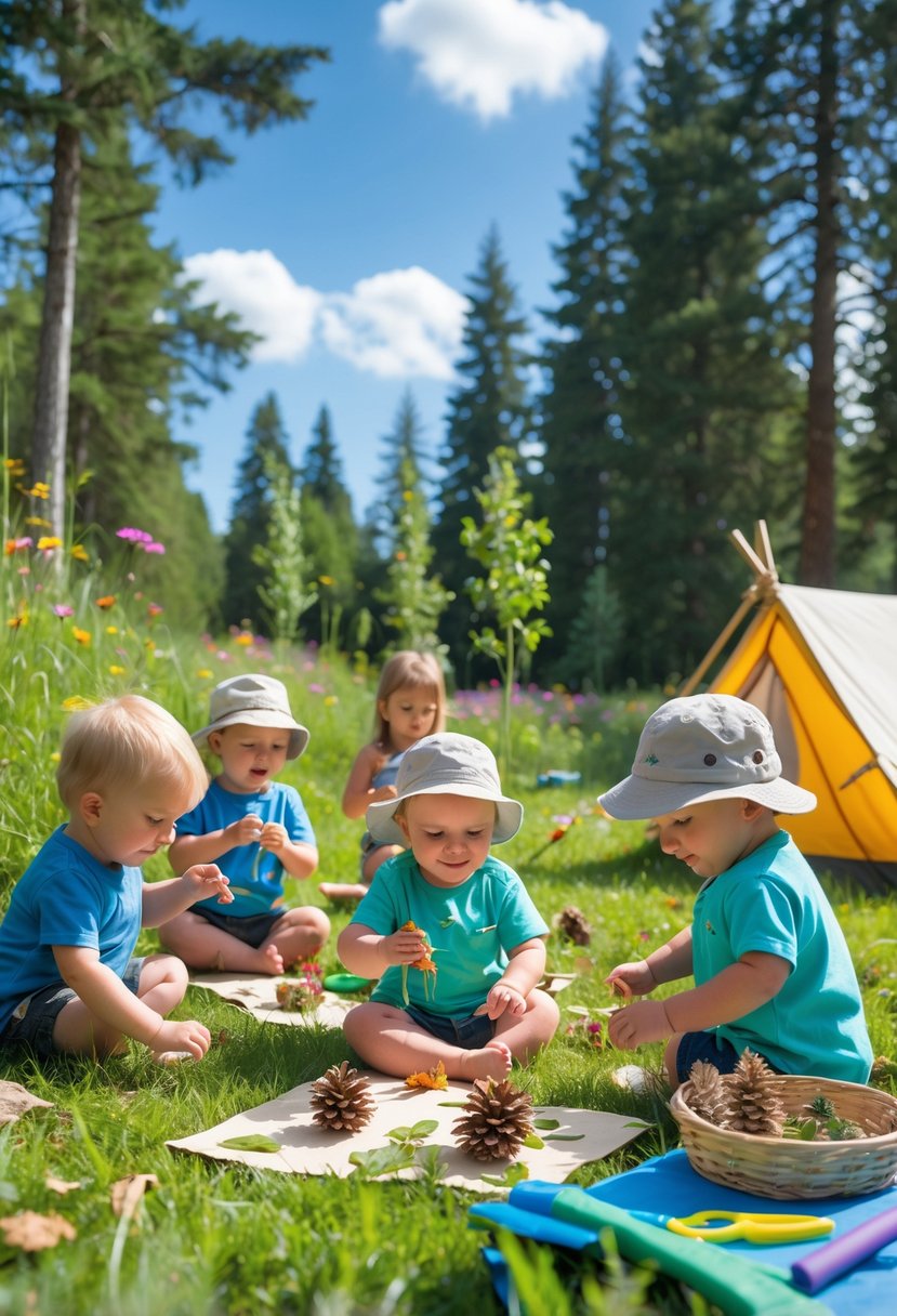 Toddlers outdoors at a campsite collecting natural items and making crafts during a nature scavenger hunt.