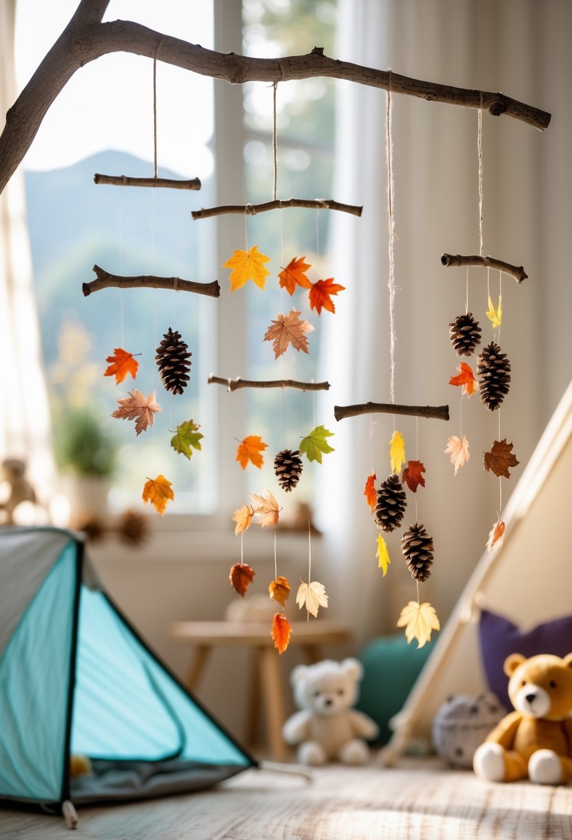 Handmade twig and leaf mobiles hanging indoors, made from natural materials like twigs, leaves, and pinecones, arranged as camping-themed crafts for toddlers.
