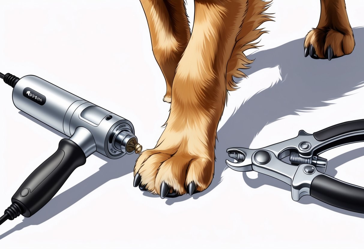 Two dog nail grooming tools, a nail grinder and nail clippers, shown next to a dog's paw with trimmed nails.